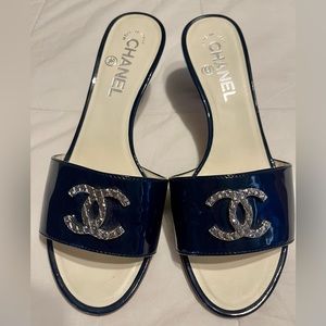 Chanel CC logo authentic blue slide mules with heels